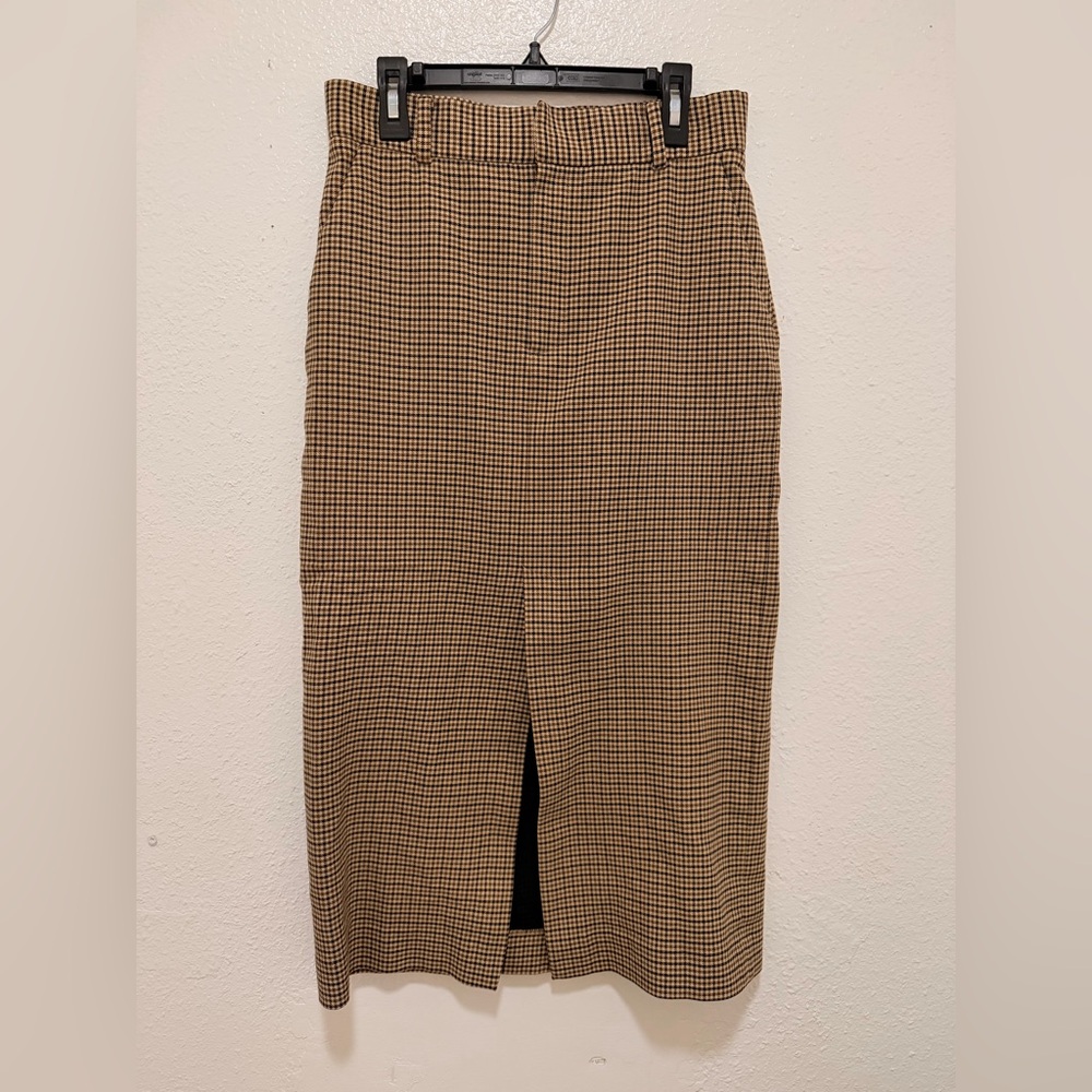 Zara High-Waisted Houndstooth Midi Skirt with Front Slit - Size Small - Picture 3 of 5
